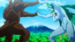  animated animated_gif breasts fighting giant giantess green_hair huge_breasts kurusu_kimihito long_hair monster monster_girl monster_musume_no_iru_nichijou mountain no_pussy nude slime suu_(monster_musume) very_long_hair 