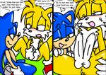  anus balls blue_eyes blush dialogue green_eyes male miles_prower multi_penis penis perverted_bunny sonic_(series) sonic_the_hedgehog sweat uncut 