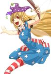  american_flag_dress blonde_hair clownpiece dress fairy_wings hat highres jester_cap kakao_(noise-111) long_hair open_mouth pantyhose red_eyes short_dress solo striped striped_dress striped_legwear torch touhou wings 