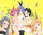  animal_ears arm_hug artist_name bandeau bikini black_hair blonde_hair blue_eyes blush brown_eyes bunny_ears carrot closed_eyes dog_ears elin_(tera) flat_chest grey_hair hairband highres hug long_hair multiple_girls navel pink_eyes pink_hair ponytail pout purple_hair quiss ribbon school_swimsuit short_hair short_twintails smile swimsuit tail tera_online thighhighs twintails v watermark web_address white_school_swimsuit white_swimsuit yellow_eyes 