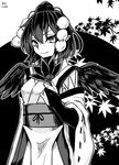  dated feathered_wings greyscale halftone hat kaya_rio kourindou_tengu_costume leaf leaf_fan maple_leaf monochrome pom_pom_(clothes) shameimaru_aya solo tokin_hat touhou wings 