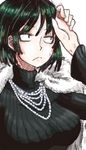  black_hair breasts constricted_pupils feather_boa frown fubuki_(one-punch_man) jewelry large_breasts lowres namake_tarou necklace one-punch_man pearl_necklace ribbed_sweater short_hair solo sweatdrop sweater turtleneck 