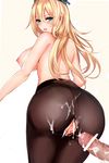  after_sex ass atago_(kantai_collection) back bar_censor black_legwear blonde_hair blush breasts censored cum cum_in_pussy cum_on_ass green_eyes hat hetero highres kantai_collection large_breasts long_hair looking_at_viewer looking_back misako12003 nipples no_panties open_mouth pantyhose penis tongue tongue_out topless torn_clothes torn_legwear 