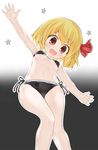  :d blonde_hair blush breasts commentary_request cowboy_shot fang gplnbeat hair_ribbon highres legs looking_at_viewer navel open_mouth outstretched_arms pink_eyes ribbon rumia short_hair small_breasts smile solo star swimsuit touhou underboob 