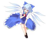  blue_dress blue_eyes blue_hair blush bow cirno dress food hair_bow ice ice_wings loafers no_socks otokuyou popsicle shoes short_hair smile solo touhou wings 