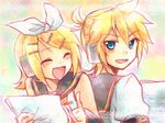  1girl ^_^ bad_id bad_pixiv_id blonde_hair blue_eyes blush brother_and_sister closed_eyes fang hair_ornament hairclip headphones kagamine_len kagamine_rin kousetsu music open_mouth ribbon siblings twins vocaloid 