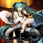  aqua_eyes aqua_hair aqua_nails bad_id bad_pixiv_id bangs curtains dress feather_boa garters hair_ornament hands hatsune_miku lips long_hair microphone microphone_stand music nail_polish open_mouth singing solo sparkle suda_ayaka twintails very_long_hair vocaloid wrist_cuffs 