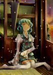  aqua_hair closed_eyes closed_umbrella sitting smile solo tatara_kogasa thighhighs touhou transparent umbrella vetina wariza white_legwear zettai_ryouiki 