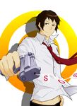  bad_id bad_pixiv_id brown_hair foreshortening gun hand_on_hip hands kita_high_school_uniform kyon male_focus namamugi necktie pop_gun school_uniform solo suzumiya_haruhi_no_yuuutsu weapon 