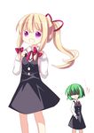  2girls :o alternate_costume alternate_hairstyle backpack bag blonde_hair curtain_(posuinochuanglian) faceless green_hair kazami_yuuka long_hair multiple_girls no_eyes ponytail purple_eyes school_uniform shaded_face short_hair simple_background touhou white_background yakumo_yukari 