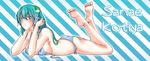  bare_shoulders barefoot bikini blue_eyes breasts character_name feet frog green_hair hair_ornament highres hikarumiao kochiya_sanae legs lips long_hair lying on_stomach side-tie_bikini sideboob snake solo swimsuit the_pose touhou untied untied_bikini 