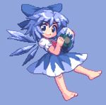  bad_id bad_pixiv_id barefoot blue_eyes blue_hair bow cirno feet full_body hair_bow kou_2008 lowres pixel_art short_hair simple_background solo touhou wings 