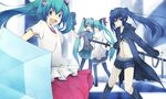  aqua_eyes aqua_hair black_hair black_rock_shooter black_rock_shooter_(character) blush boots flower hair_flower hair_ornament hatsune_miku koi_wa_sensou_(vocaloid) lama_(kusuriya) long_hair melt_(vocaloid) multiple_girls shorts skirt smile sword thighhighs twintails umbrella very_long_hair vocaloid weapon world_is_mine_(vocaloid) 