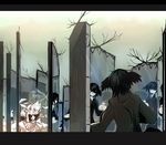  1girl bad_id bad_pixiv_id bare_tree black_hair from_behind mirror outdoors pillar pixiv_fantasia plant pole saya_(sayaya) short_hair tree white_hair winter 