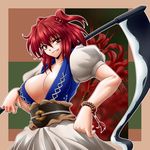  bad_id bad_pixiv_id breasts cleavage hair_bobbles hair_ornament large_breasts onozuka_komachi ootsuki_wataru red_eyes red_hair scythe solo touhou two_side_up 