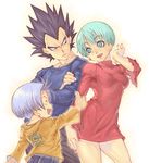  2boys ^_^ aqua_eyes aqua_hair arm_at_side bangs beads black_eyes black_hair black_pants blue_eyes blue_hair blue_shirt breasts bulma child closed_eyes cowboy_shot crossed_arms dragon_ball dragon_ball_z dress earrings eyebrows_visible_through_hair family fingernails hand_on_own_thigh hand_up hood hood_down hoodie husband_and_wife jewelry katsutake long_sleeves looking_at_another medium_breasts multiple_boys nail_polish open_mouth outstretched_arm pants print_hoodie profile red_dress red_nails shirt short_dress short_hair side-by-side sideways_glance sideways_mouth skin_tight smile spiked_hair thumbs_up trunks_(dragon_ball) turtleneck_dress vegeta white_background widow's_peak 