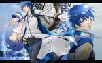  ak_(cosmio) bad_id bad_pixiv_id belt blue_eyes blue_hair blue_scarf cape clock kaito male_focus scarf smile solo vocaloid 