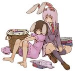  animal_ears barefoot black_legwear blazer brown_hair bunny_ears carrot clothes crescent dress dress_shirt feet inaba_tewi jacket jewelry kishiinu kneehighs laundry laundry_basket leaning_on_person loafers long_hair long_sleeves multiple_girls necktie pendant pink_dress purple_hair red_eyes reisen_udongein_inaba shirt shoes short_hair short_sleeves sitting touhou 