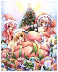  :&lt; blonde_hair brown_eyes brown_hair cat christmas christmas_tree copyright_request emperpep gift green_eyes hat multiple_girls pink_hair red_eyes santa_costume snow traditional_media tree watercolor_(medium) 