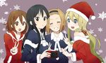  akiyama_mio black_eyes black_hair black_santa_costume blonde_hair blue_eyes blush brown_eyes brown_hair christmas forehead grin hirasawa_yui k-on! kishida_nica kotobuki_tsumugi long_hair multiple_girls santa_costume short_hair smile snowflakes tainaka_ritsu v 