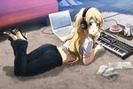  71 ass belt blonde_hair blue_eyes carpet casual cd closed_mouth computer cup denim eyebrows headphones high_heels instrument jeans k-on! korg kotobuki_tsumugi laptop long_hair looking_back lying microphone midriff on_stomach pants sandals shoes solo sony synthesizer tea_set teacup teapot 
