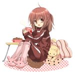  ahoge blush brown_eyes brown_hair cat cup food izumi_rei jacket kneehighs original pillow sleeves_past_wrists slippers smile socks solo table track_jacket 