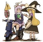  2girls :o animal_ears apron arm_at_side bangs basket black_eyes black_footwear black_hat black_legwear black_skirt black_vest blazer blonde_hair blue_scarf bobby_socks bow bunny_ears closed_mouth eyebrows_visible_through_hair frilled_sleeves frills grass ground ground_vehicle hat hat_bow holding holding_basket holding_map jacket kirisame_marisa kishiinu kneehighs loafers long_hair long_sleeves looking_afar looking_at_another map mary_janes miniskirt motor_vehicle multiple_girls number outstretched_arm petticoat pleated_skirt pocket pointing purple_hair purple_skirt reisen_udongein_inaba road_sign scarf scooter shirt shoes sign simple_background sitting skirt smile socks standing touhou travel very_long_hair vest white_apron white_background white_bow white_shirt witch_hat 