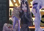  animal_costume candy cat_costume costume food frankenstein gahaku gloves halloween hood lollipop long_hair mask multiple_girls original purple_eyes purple_hair scream_(movie) swirl_lollipop window 