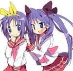  hair_ribbon hiiragi_kagami hiiragi_tsukasa ixy lucky_star multiple_girls pink_neckwear ribbon ryouou_school_uniform school_uniform serafuku siblings tareme tsurime twins twintails 