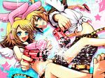  1girl ban_ban_buu_(vocaloid) barefoot blonde_hair blue_eyes bound brother_and_sister feet foreshortening hands kagamine_len kagamine_rin nail_polish open_mouth siblings tied_up toenail_polish twins vocaloid water_gun wings yellow_nails zashiki_usagi 