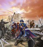  2girls 3boys battle battlefield blue_hair castle dragon fighting fire_emblem fire_emblem:_monshou_no_nazo fire_emblem_mystery_of_the_emblem helmet horse knight marth minerva_(fire_emblem) multiple_boys multiple_girls polearm sheeda shield shirou_masamune spear sword warrior weapon 