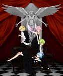 4girls alternate_costume androgynous animal_ears antennae back bad_id bad_pixiv_id bare_arms bare_legs bare_shoulders black_dress black_footwear black_gloves black_jacket black_neckwear black_pants black_vest blazer blonde_hair blue_bow blue_eyes blue_hair bow breasts brown_footwear checkered_floor choker cigarette cirno collarbone collared_shirt contemporary couch curtains dress elbow_gloves finger_to_mouth flat_chest formal gloves green_eyes green_hair hair_between_eyes hair_bow hair_ribbon hand_in_pocket high_heels highres holding holding_cigarette index_finger_raised indoors jacket knees_up kodama_(wa-ka-me) lap_pillow light_smile looking_afar looking_at_viewer looking_back lying multiple_girls mystia_lorelei on_back open_clothes open_jacket outstretched_hand pant_suit pants parted_lips pink_eyes pink_hair pink_wings red_eyes red_ribbon reverse_trap ribbon rumia shirt shoes short_hair shushing sitting sleeveless sleeveless_dress sleeves_rolled_up small_breasts smoking spaghetti_strap statue strapless strapless_dress suit team_9_(touhou) touhou untucked_shirt vest white_shirt wings wriggle_nightbug 