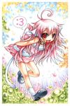 :3 ahoge animal_ears bell cat_ears cat_tail copyright_request emperpep jingle_bell long_hair pink_hair red_eyes solo tail traditional_media watercolor_(medium) 