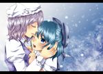  blue_eyes blue_hair bow cirno geike hair_bow hat highres lavender_hair letty_whiterock multiple_girls short_hair tears touhou 