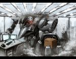  armored_core box cardboard_box computer foreshortening letterboxed mecha no_humans office original ra_(pixiv) 