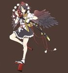  aka_ringo bad_id bad_pixiv_id black_hair black_wings colorized geta hat katana legs looking_at_viewer masatome mask red_eyes shameimaru_aya short_hair skirt solo sword tengu-geta tengu_mask tokin_hat touhou weapon wings 