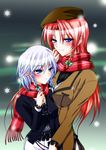  braid hazuki_kasane highres hong_meiling izayoi_sakuya long_hair multiple_girls red_hair scarf shared_scarf short_hair silver_hair touhou twin_braids 