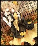  1girl aku_no_musume_(vocaloid) allen_avadonia aqua_eyes back bad_id bad_pixiv_id blonde_hair brother_and_sister dress evillious_nendaiki flower formal hair_flower hair_ornament kagamine_len kagamine_rin riliane_lucifen_d'autriche rose short_hair siblings twins vocaloid yellow_dress yuzuki_karu 