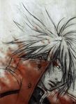  blazblue hair_over_one_eye male_focus non-web_source popped_collar ragna_the_bloodedge red_eyes silver_hair solo traditional_media 