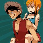  1girl :q bad_id bad_pixiv_id carrying dramatica hat lowres monkey_d_luffy nami_(one_piece) one_piece orange_eyes orange_hair piggyback scar straw_hat sweat tattoo tongue tongue_out 