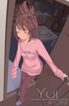  bad_id bad_pixiv_id brown_hair closed_eyes from_above guitar hirasawa_yui instrument k-on! messy_hair pajamas short_hair sleepy slippers solo translated yuuhi_(ages) 