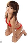  bad_id bad_pixiv_id bikini brown_eyes brown_hair hands kneeling lieqi_hun lips long_hair looking_up original realistic simple_background solo swimsuit 