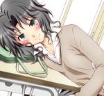  amagami blush desk hyoujun_mai lowres lying open_collar smile solo sweater tanamachi_kaoru 