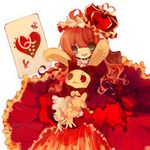  alice_in_wonderland bunny card card_background crown dress green_eyes red red_hair saya_(sayaya) solo 