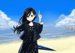  arm_behind_back beach black_eyes black_hair blush closed_umbrella cloud day long_hair mayoko original outdoors pier pointing pointing_up sky smile solo umbrella water 