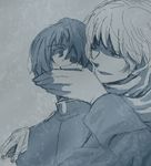  2boys axis_powers_hetalia black_hair blonde_hair eye_contact from_behind gloves hand_over_mouth jacket japan_(hetalia) looking_at_another lowres male male_focus military military_uniform monochrome multiple_boys russia_(hetalia) scarf uniform 