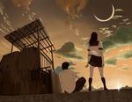  1girl bad_id bad_pixiv_id cloud corrugated_galvanised_iron_sheet couple crescent_moon hetero kneehighs moon original school_uniform shed shiira sky socks sunset 