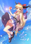  absurdres apple bad_anatomy bad_id bad_pixiv_id blonde_hair bow chain error food fruit highres holding holding_food holding_fruit horns ibuki_suika legs lens_flare long_hair panties pantyshot skirt skirt_lift solo touhou underwear yykuaixian 