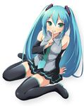  aqua_eyes aqua_hair bad_id bad_pixiv_id bare_shoulders black_legwear boots detached_sleeves finger_to_mouth hatsune_miku long_hair oryou sitting smile solo thigh_boots thighhighs twintails vocaloid 