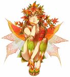  barefoot brown_hair fairy feet gloves hands highres ichihashi_makoto leaf leaf_clothing maple_leaf monster_girl multicolored multicolored_eyes original simple_background sitting solo wings 